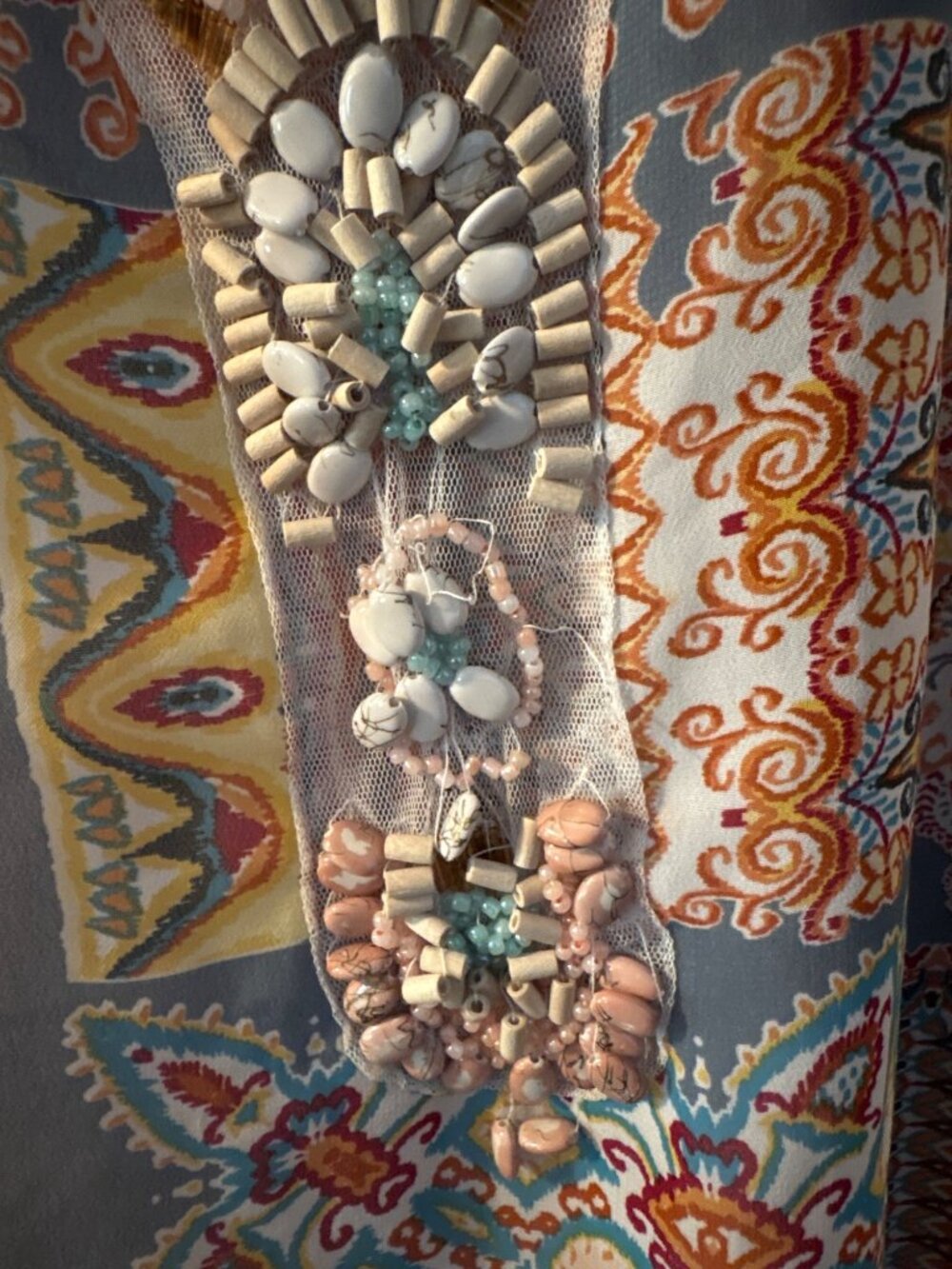 Beaded Boho Patchwork Tunic Top , Vibrant Orange Yellow Gray Pattern READ - Picture 3 of 7
